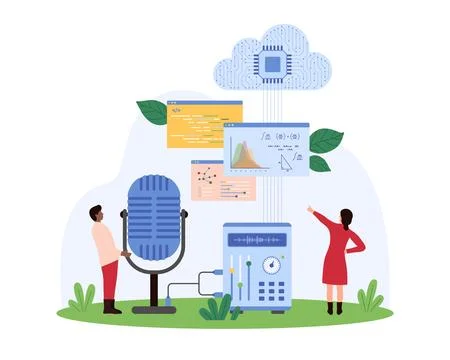 Machine learning, tiny people training AI using cloud services, code and Stock Illustration