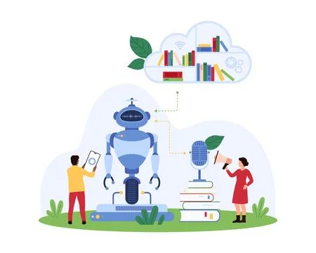Machine learning, , tiny people training AI assistant using cloud data library Stock Illustration