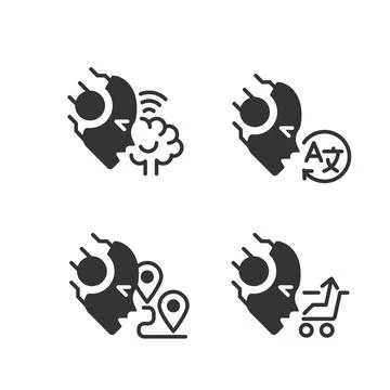 Machine learning usage black linear glyph icons set Stock Illustration
