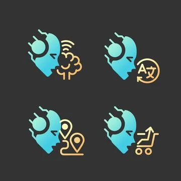 Machine learning usage gradient glyph icons set with lineart for dark theme Stock Illustration