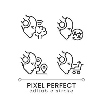 Machine learning usage pixel perfect linear icons set Illustrazione stock