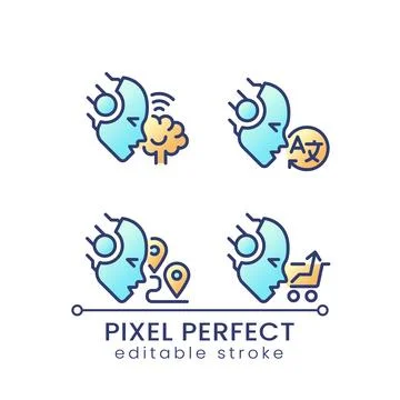 Machine learning usage pixel perfect color gradient icons set Stock Illustration