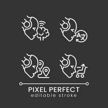 Machine learning usage pixel perfect white linear icons set for dark theme Stock Illustration