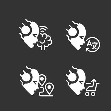 Machine learning usage white linear glyph icons set for night mode Stock Illustration