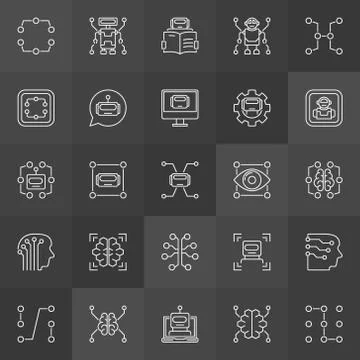 Machine learning vector concept icons in thin line style Stock Illustration