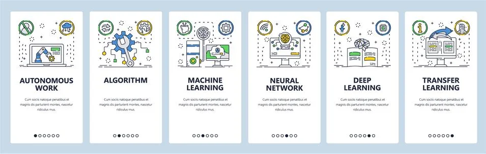 Machine learning website and mobile app onboarding screens vector template Illustrazione stock