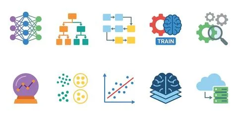 Machine learning workflow and predictive analysis icons with colorful flat .. Stock Illustration
