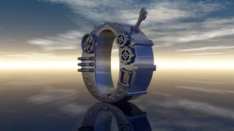 Machine letter o under cloudy sky - 3d illustration Stock Illustration