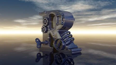 Machine letter r under cloudy sky - 3d illustration Illustrazione stock