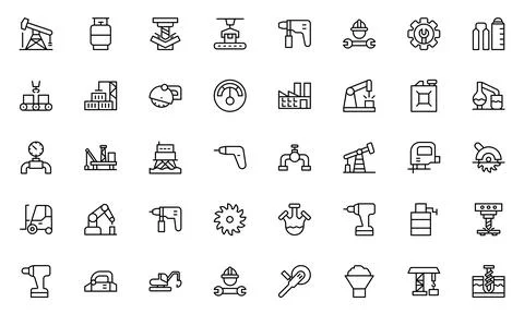 Machine line icon set. Vector icon collection of factory designs, including.. Stock Illustration