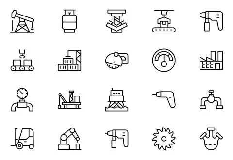 Machine line icon set. Vector icon collection of factory designs, including.. Stock Illustration