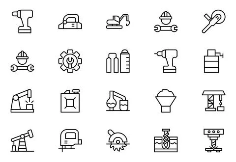 Machine line icon set. Vector icon collection of factory designs, including.. Stock Illustration