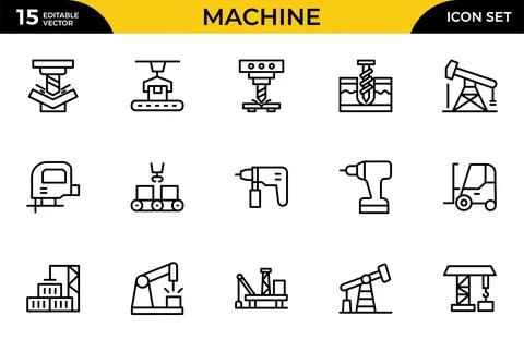 Machine line icon set. Vector icon collection of factory designs, including.. Stock Illustration