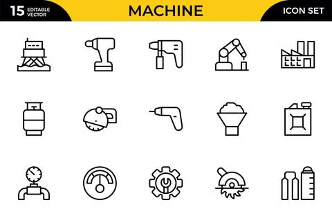 Machine line icon set. Vector icon collection of factory designs, including.. Stock Illustration