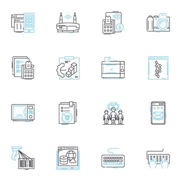 Machine linear icons set. Automation, Robotics, Mechanism, Engine, Device Stock Illustration