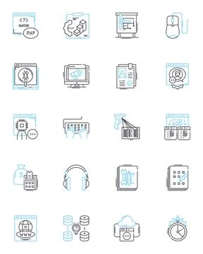Machine linear icons set. Automation, Robotics, Mechanism, Engine, Device Stock Illustration