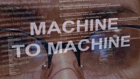 Machine to machine text on background of female developer Stock Footage 107280042