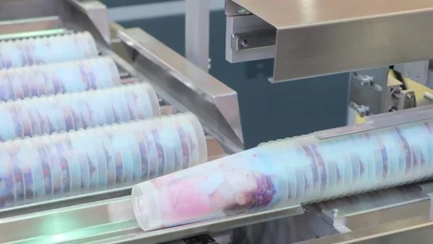 A machine is making cups with a blue and white design. The cups are being mad Stock Footage 303671235