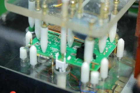 Machine making motherboard close up. electronic system manufacturing. computer m Stock Photos