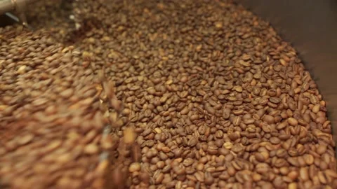 Machine mixes freshly roasted coffee beans in a roaster, close up Vídeos de archivo 170697322