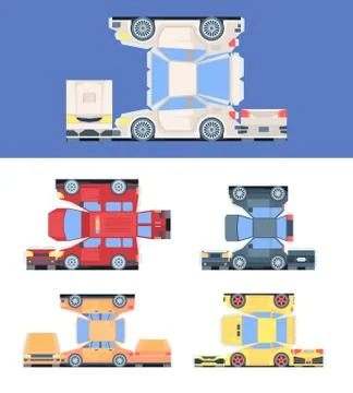 Machine model for cutting assembling set. Colored cars paper slicing gluing Illustrazione stock