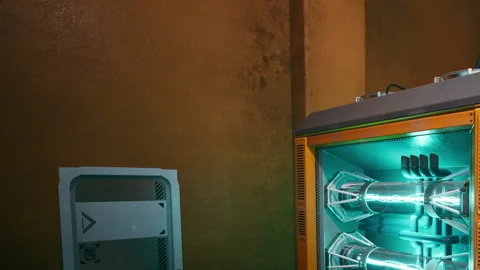 Machine with neon lights in a room with brown walls and a door Stock Footage 345064485
