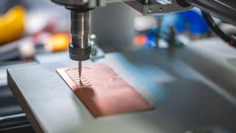 Machine with numerical control CNC carries out milling of printed circuit b.. Stock Photos