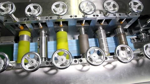 Machine operates with sheets for protective masks at plant Stock-Footage 132231419