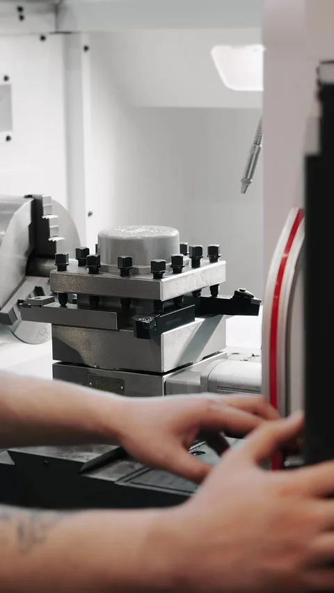 Machine operator adjusting CNC machine control in factory. 動画素材 347775733