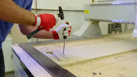 Machine operator hands make plywood detail in workshop Stock Footage 135443274