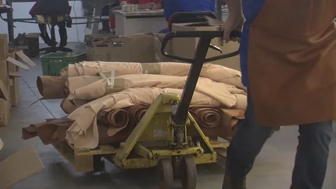 Machine operator for processing of raw leather, Processing of Raw Leather Stock Footage 90371912