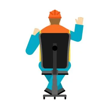 Machine operator sits on chair. Worker in helmet earning workshop. Illustrazione stock