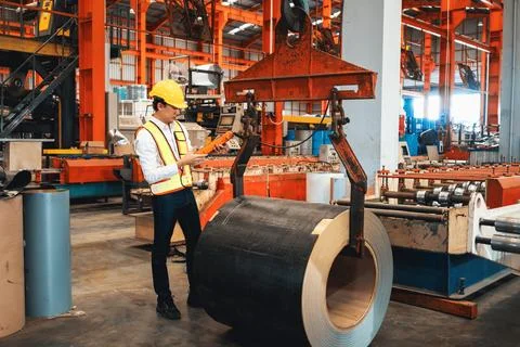 Machine operator skillfully operate steel forming machinery. Exemplifying Stock Photos