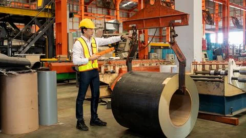 Machine operator skillfully operate steel forming machinery. Exemplifying Stock Photos