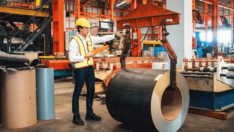 Machine operator skillfully operate steel forming machinery. Exemplifying Stock Photos