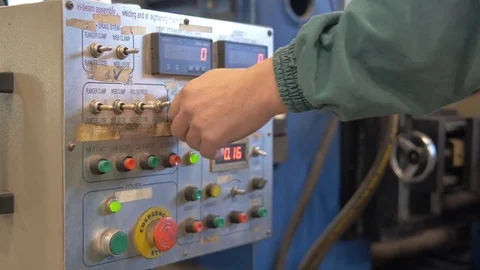 A Machine Operator Turns On An Industrial Machine, Male Hand, With Sound Video stock 127184850