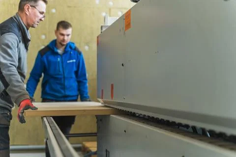 Machine or unit for wood processing at a furniture factory Stock Photos