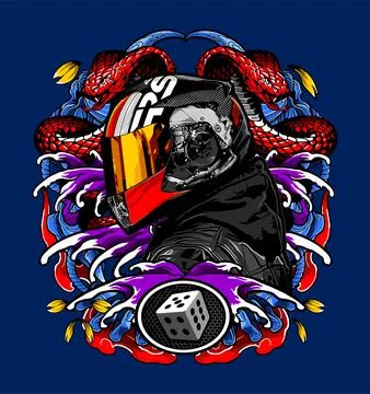 Machine pattern helmet with water background and king cobra Stock Illustration