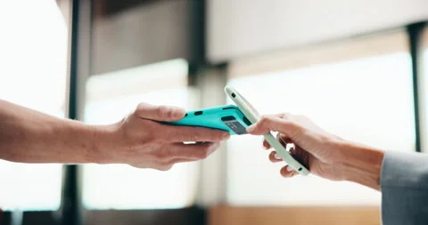 Machine, phone and hands of cashier with woman for payment, pos or loyalty Stock Footage 335872004