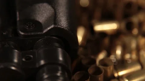 Machine Pistol MP5 on Shells, Macro Dolly Detail Graphic Background Stock Footage 55319580