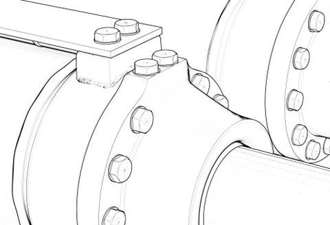 Machine piston hydraulic system industrial isolated outline sketch 3d Stock Illustration