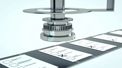 Machine places X mark on a list item. Moving conveyor belt. Automatic decision. Stock Footage 206771440