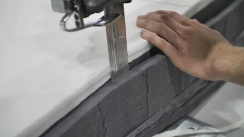 Machine of planimetric cutting of foam rubber, cutting foam rubber. Stock Footage 240757135