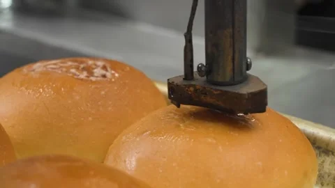 Machine Pressing Down on Freshly Baked Brioche Buns in a Commercial Bakery Stock Footage 331633848