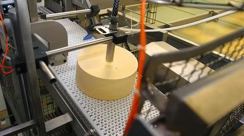 Machine processes a large cheese wheel on a conveyor belt in a production f.. Stock Photos