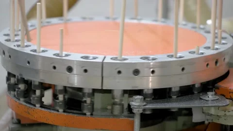 A machine processes wooden dowels, arranging them vertically in a rotating Video stock 296247853