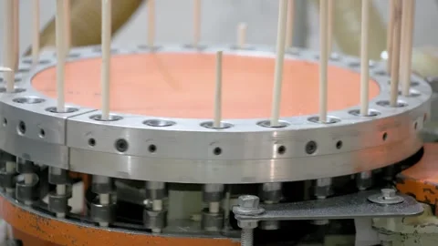 A machine processes wooden dowels, arranging them vertically in a rotating 動画素材 300196927