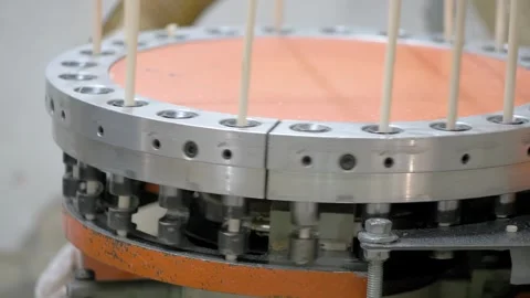A machine processes wooden dowels, arranging them vertically in a rotating Vidéo 300877642