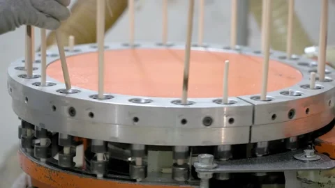 A machine processes wooden dowels, arranging them vertically in a rotating Stock Footage 303303485