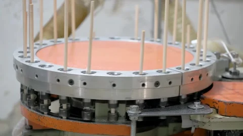 A machine processes wooden dowels, arranging them vertically in a rotating Stock Footage 305634014